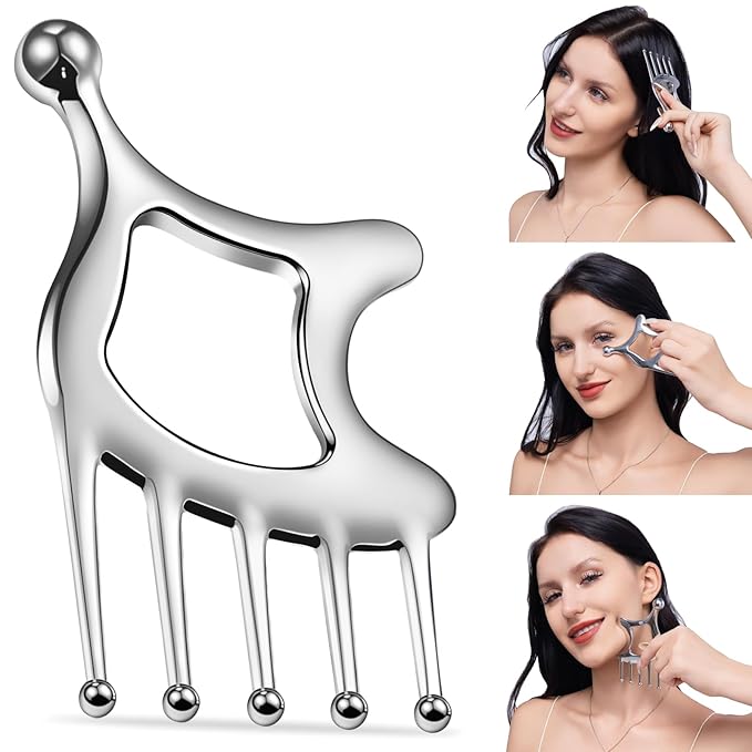 Gua Sha Tool with Handle,5in1 Scalp Massage Tool for Head&Face&Body, Protable Scalp Comb Guasha for Deep Relaxation and Re...
