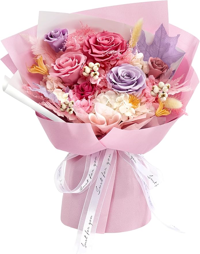 Preserved Flowers Roses Bouquet with Vases Real Pink Flowers for Delivery Prime, Forever Glitter Rose Bouquets Kit,Handmad...