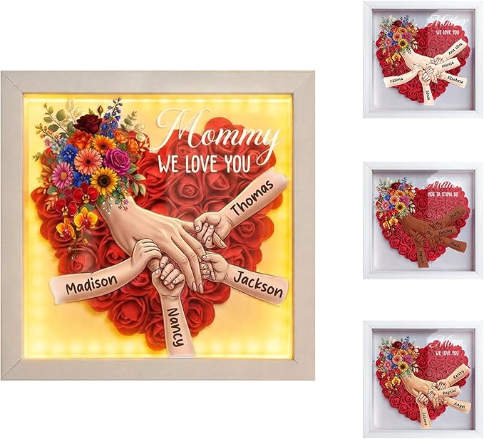 Custom Mom Flower Shadow Box with Kids Names, Personalized Mommy Holding Hands Shadow Box Frame, Light Up Floral Flower He...
