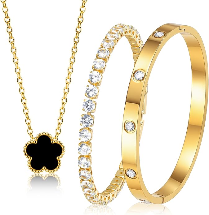 Gold Bracelets Necklace Jewelry Set - 3Pcs 18K Gold Plated Floral Bracelet,Stainless Steel Bangles, Waterproof Non-Tarnish...