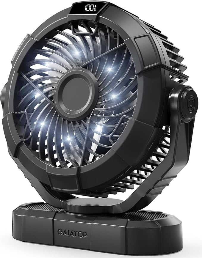 Gaiatop Portable Camping Fan with LED Lantern, Power Display 360° Head Rotation, Hanging Hook for Tent, 3 Speed Quiet Rech...