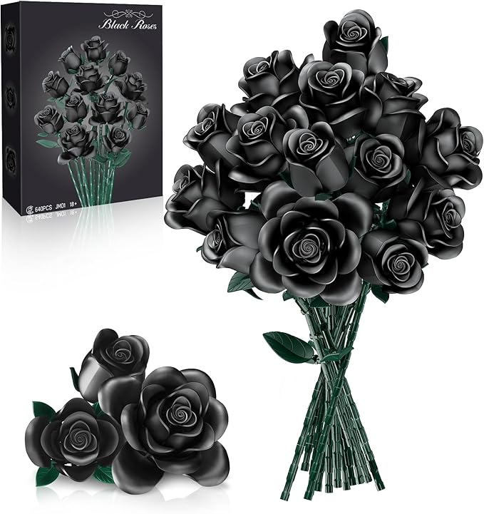 CLMTAS 12 PCS Black Roses Bouquet Building Set, Eternal Artificial Flowers, Gothic Retro Botanical Collection Decor Flowe...
