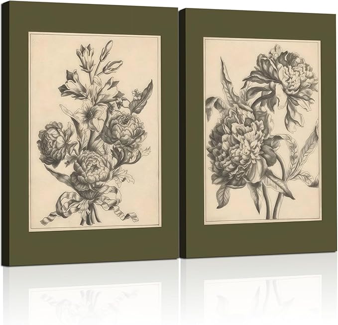 WALUPLL Vintage Peony Flowers Wall Art Olive Green Peony Floral Wall Art Vintage Prints Wall Art Flower Sketch Prints Anti...