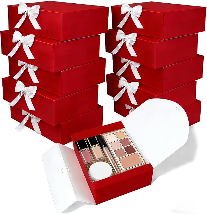 XyaMov 10 PCs Gift Boxes with Lids,10x8x4 inches Red Gift Boxes with Ribbons, Bridesmaid Proposal Box,Kraft Paper Gift Box...