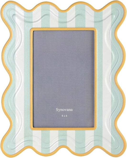 Synovana Wavy Striped 4x6 Picture Frame – Green and Cream with Frosted Finish, Tabletop Photo Display – Joyful Decorative ...