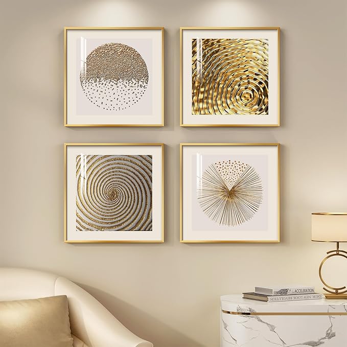 Framed Gold Modern Wall Art Prints, Set of 4 Piece Abstract Geometric White and Gold Wall Decor, Minimalist Contemporary G...