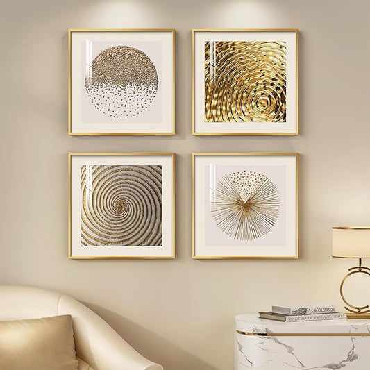 Framed Gold Modern Wall Art Prints, Set of 4 Piece Abstract Geometric White and Gold Wall Decor, Minimalist Contemporary G...