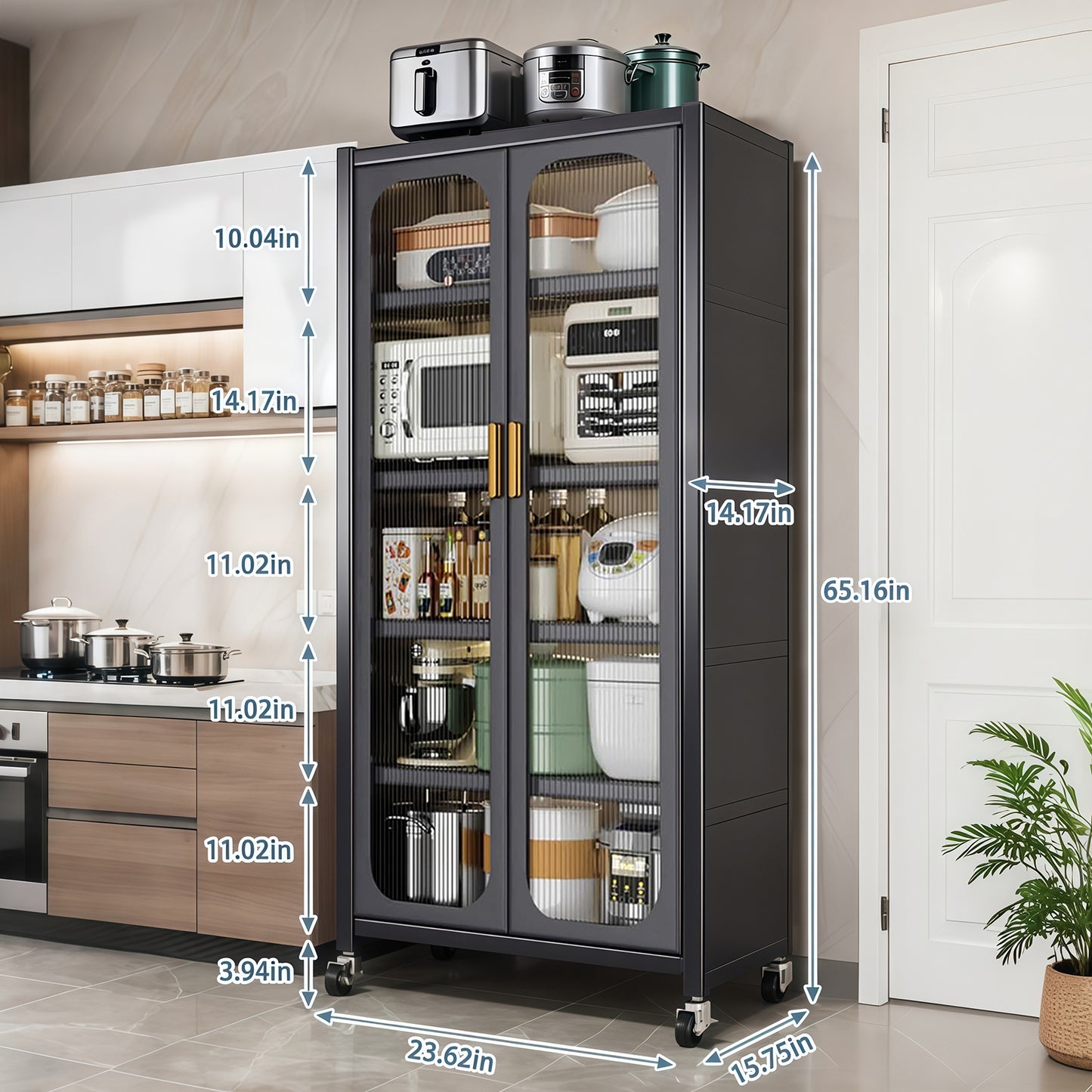 65  Kitchen Pantry Storage Cabinet, 6 Tier Metal Display Storage Cabinet With Transparent Door, Adjustable Shelves & Wheels, Food Pantries Cabinets, For Kitchen, Living Room And Dining Room, Gray