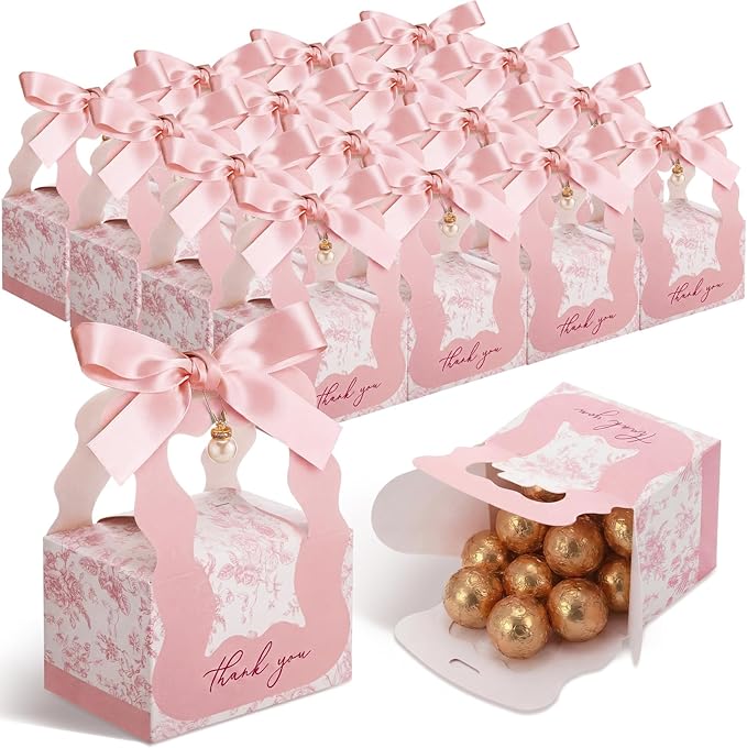 ForraFun 50 Sets Floral Wedding Favor Boxes with Pearl Pendant Bow Ribbon Floral Wedding Party Candy Boxes Bridal Gift for...