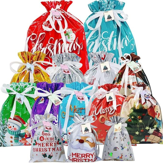 RLLJS 30Pcs Merry Christmas Drawstring Gift Bag New Year Candy Cookie Packaging Bag Christmas Home Decoration with Tags