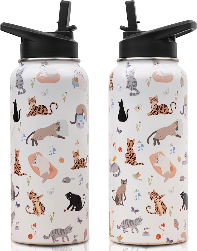 Insulated Water Bottle 32 oz, Cat Water Bottle with Straw and Lid, Reusable Leakproof Water Bottle Stainless Steel, Cat Lo...