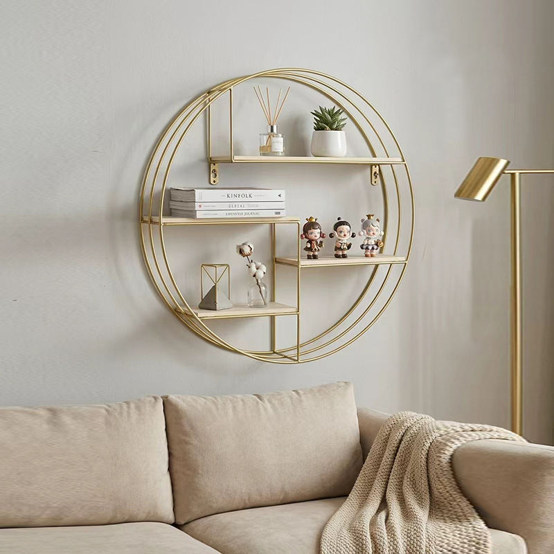 Round Wall-mounted Storage Rack Wrought Iron Metal Gold And Black