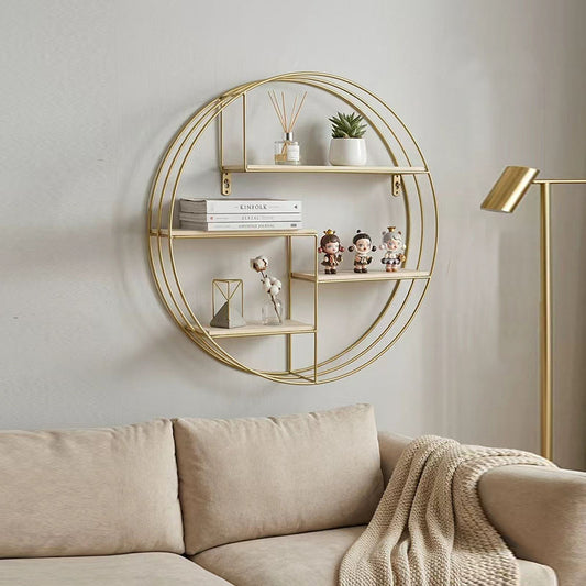 Round Wall-mounted Storage Rack Wrought Iron Metal Gold And Black