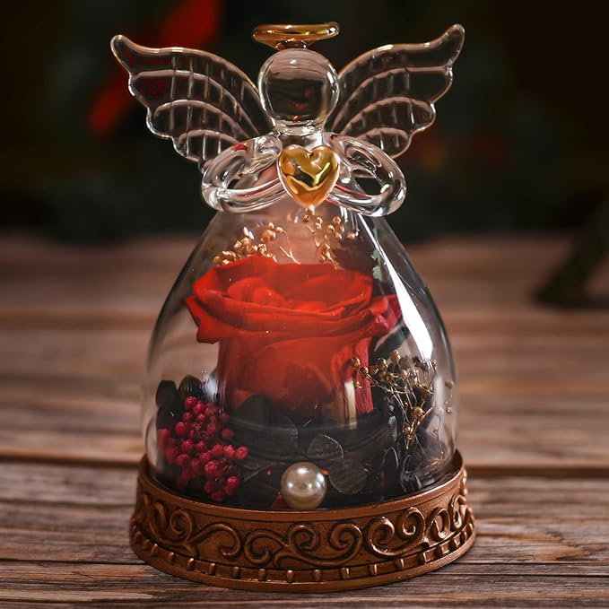Aastin Preserved Real Rose in Glass Angel Figurine with LED Light, Angel Gifts for Women, Mom, Grandma on Mother's Day Chr...