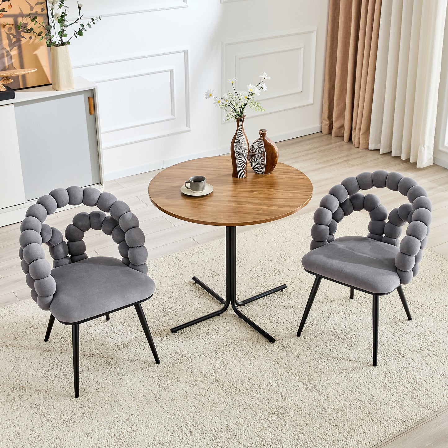 Set Of 2 Grey Velvet Bubble Dining Chairs,Modern Velvet Pebble Accent Side Chair With Curved Bubble Backrest & Black Metal Legs, Luxury Vanity Desk Chair For Kitchen Dining Room Bedroom Living Room