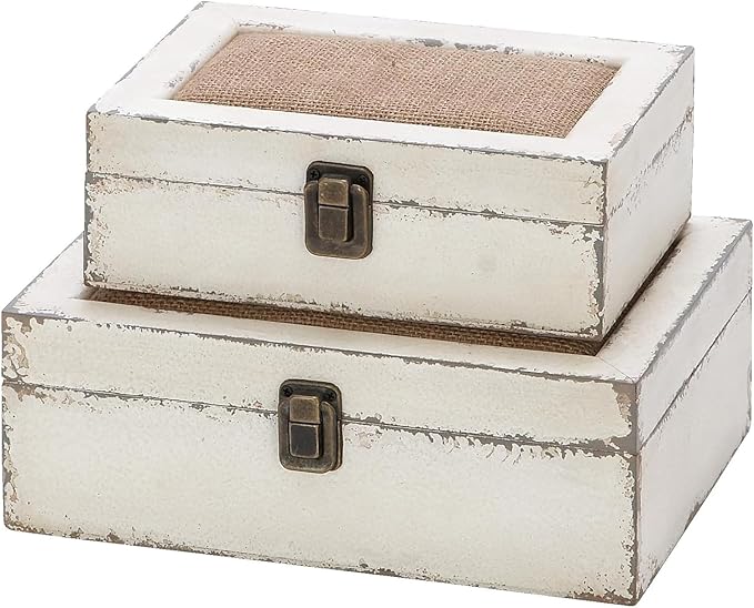 UPPER DECOR Rustic Ivory Decorative Storage Boxes with Lids Set of 2, Farmhouse Wooden Boxes for Home Decor, Keepsake Boxe...