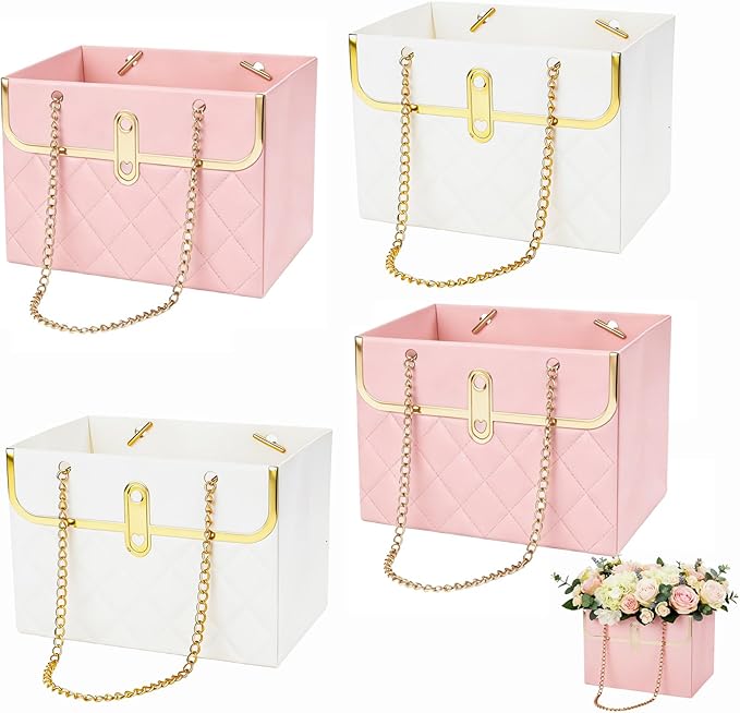 Flower Paper Gift Box, 4PCS Bouquet Storage Bucket Paper Flower Handbag Boxes with Metal Chain Flower Bags for Bouquets Mo...