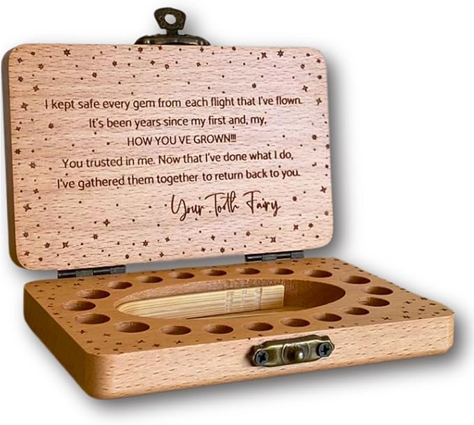 Tooth Fairy Keepsake Box for Girls & Boys, Tooth Fairy Box for 20 Baby Teeth, Wooden Tooth Storage & Saver Box for Lost Te...