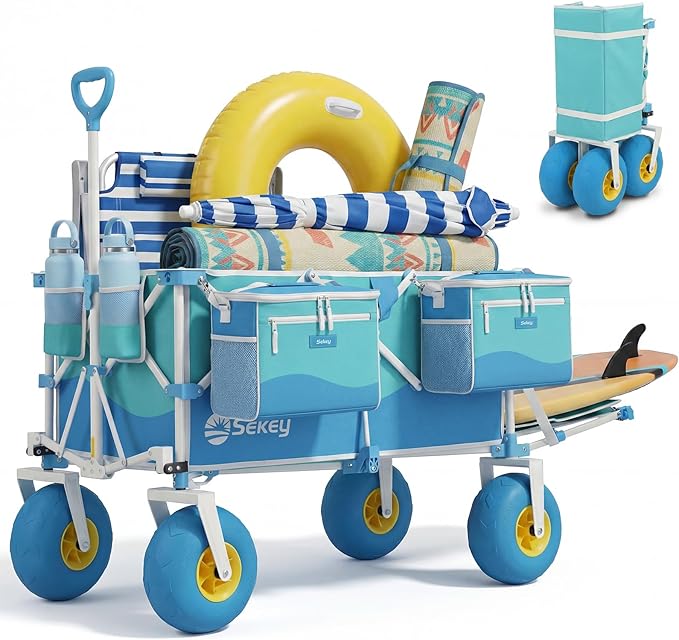 Sekey Heavy Duty Beach Wagon with 9" Big Sand-Proof Wheels, 300L Oversized Foldable Beach Cart with Cooler| Adjustable Han...