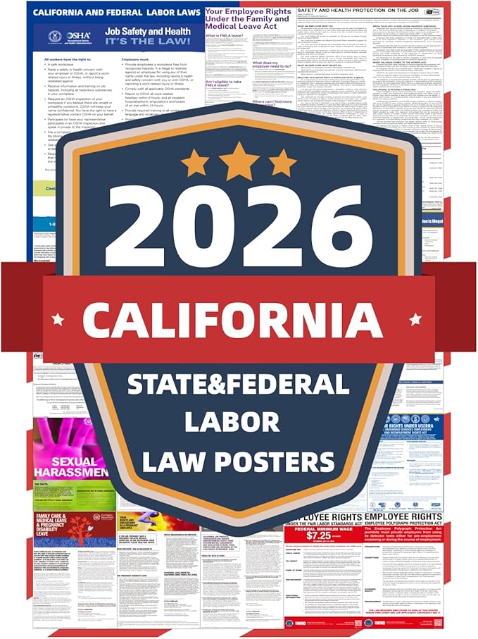 2026 California State and Federal Labor Laws Poster - English Version - OSHA Workplace Compliant - UV Waterproof Laminated...