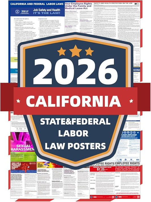 2026 California State and Federal Labor Laws Poster - English Version - OSHA Workplace Compliant - UV Waterproof Laminated...