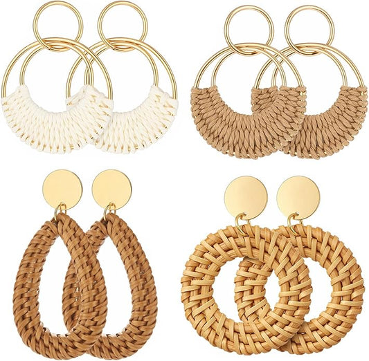 4 Pairs Raffia Rattan Bohemian Earrings for Women, Tropical Bohemian Straw Dangle Earrings Boho Summer Beach Earrings Summ...