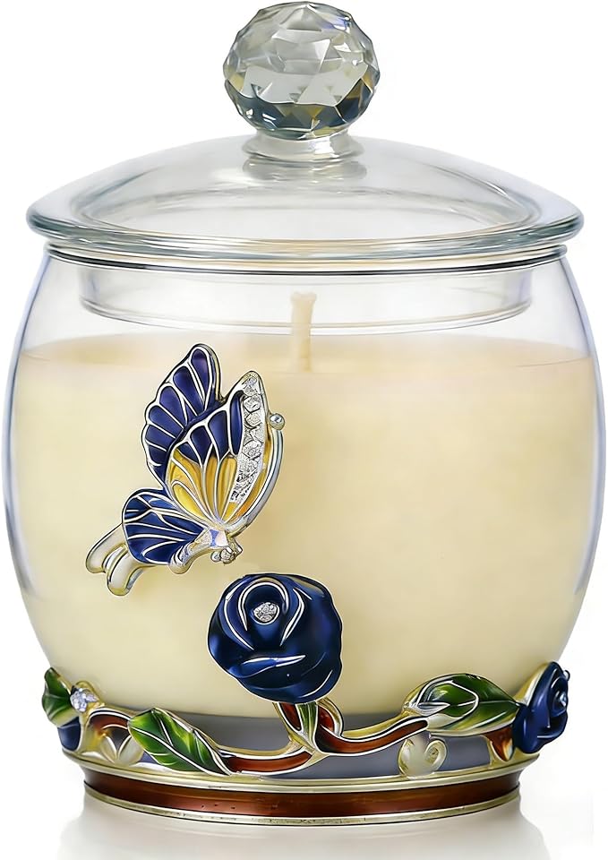 Scented Candles Gifts for Women - Enamel Butterfly & Blue Rose Decorative Glass Jar with Faceted Crystal Lid, Special Cand...