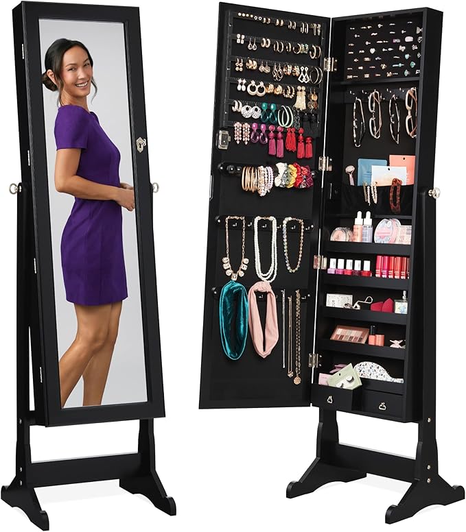 Best Choice Products Freestanding Jewelry Armoire Cabinet, Full Length Standing Mirror, Lockable Makeup Storage Organizer,...