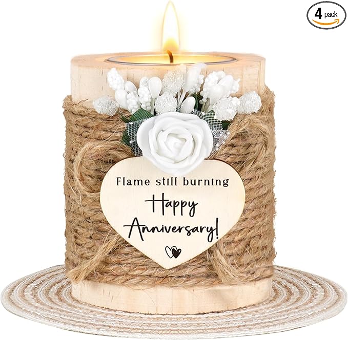 Anniversary Candle Holder Gift Set - Romantic Wooden Tealight Holder with 4 Tealight Candles & Coaster, Rustic Home Decor ...