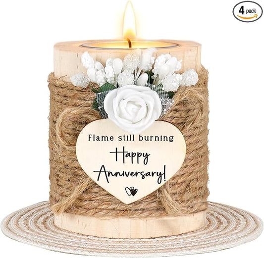 Anniversary Candle Holder Gift Set - Romantic Wooden Tealight Holder with 4 Tealight Candles & Coaster, Rustic Home Decor ...