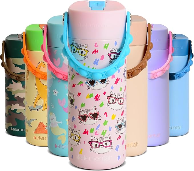 Elemental Insulated Kids Water Bottle, Stainless Steel Water Bottle with Straw Lid & Pop-It Handle, Leak-Proof Water Bottl...
