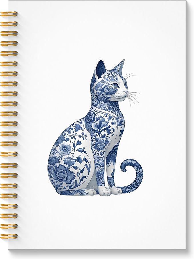 ROXMART Vintage Blue Chinoiserie Cat Spiral Notebook, Cat Lovers Mom Lady Gifts Journal, Blue and White Porcelain Floral K...