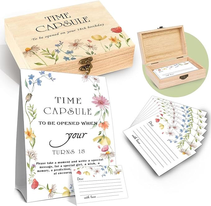 DEANHOT Floral Time Capsule Set, with 50 Message Cards and Floral 1 Time Capsule Sign Box, Baby Memorial Time Capsule Box,...