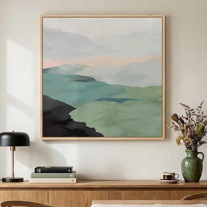 Framed Modern Neutral Green Landscape Abstract Wall Art, Square Minimalist Canvas Prints Paintings for Walls, Sage Green N...