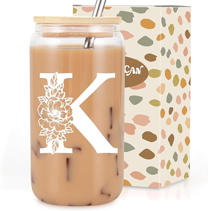 Coolife Initial Glass Cup, Monogrammed Gifts for Women, 16oz Glass Cups w/Lids Straws, Iced Coffee Smoothie Beer Tumbler ...
