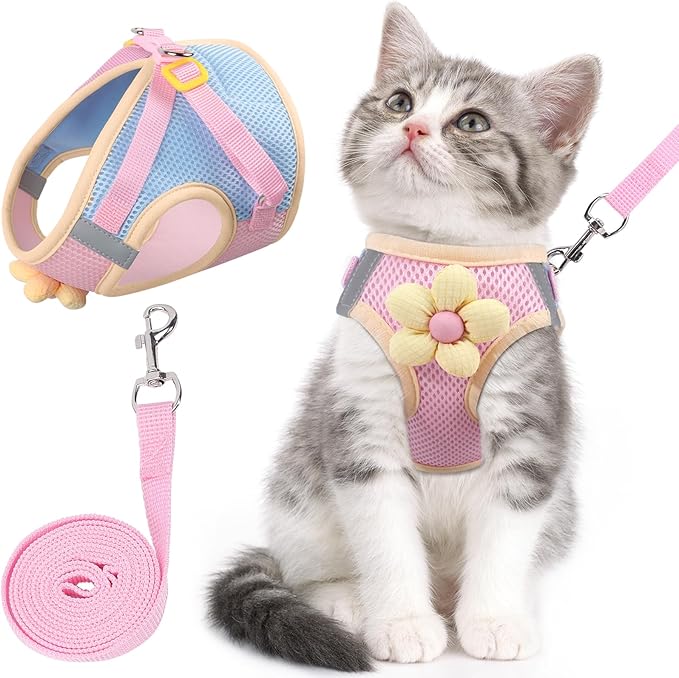 Cat Harness and Leash Set for Walking Escape Proof, Adjustable Kitten Harness Breathable Mesh with Reflective Strips Harne...