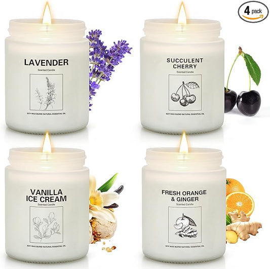 Soy Wax Scented Candle Gift Set, 4 Pack Lavender, Orange & Ginger, Vanilla Scents, Long Lasting Aromatherapy Candles for H...