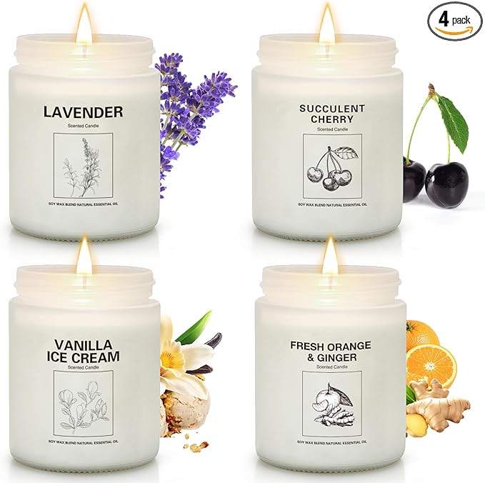 Soy Wax Scented Candle Gift Set, 4 Pack Lavender, Orange & Ginger, Vanilla Scents, Long Lasting Aromatherapy Candles for H...