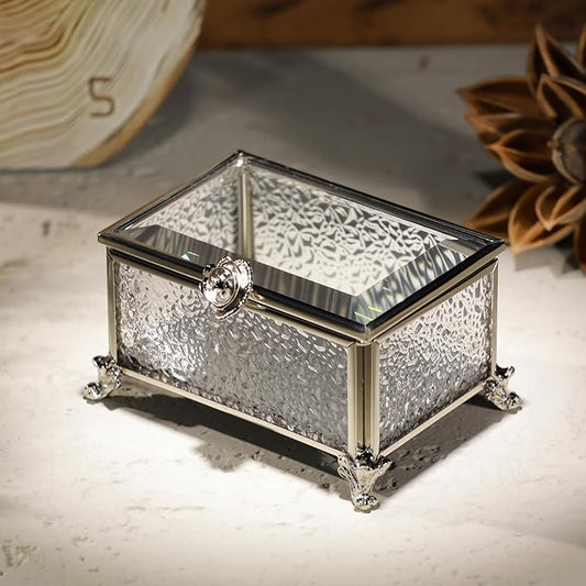 DHCGPP Glass Vintage Jewelry Box Keepsake storage Trinket Ring Display Box Home Decor Embossed Clear Glass Boxes Organize...