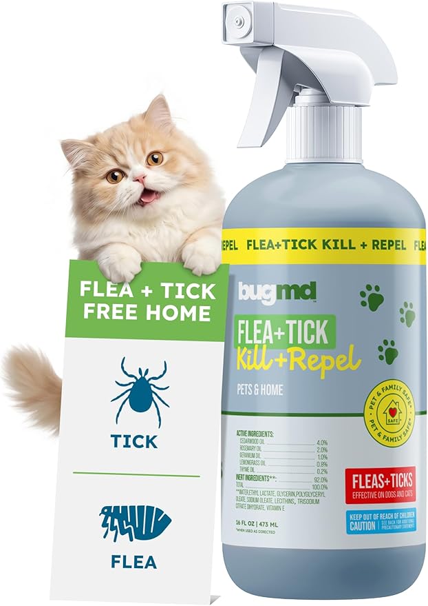BugMD Pet Safe Flea Spray for Cats & Home | Natural Indoor Flea Killer & Tick Prevention | Plant-Based Flea Treatment for ...