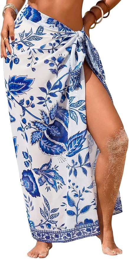 Herseas Women Sheer Sarong High Slit One Size Swimsuit Coverups 2026 Summer Floral Print Chiffon Wraps Beach Cover Up