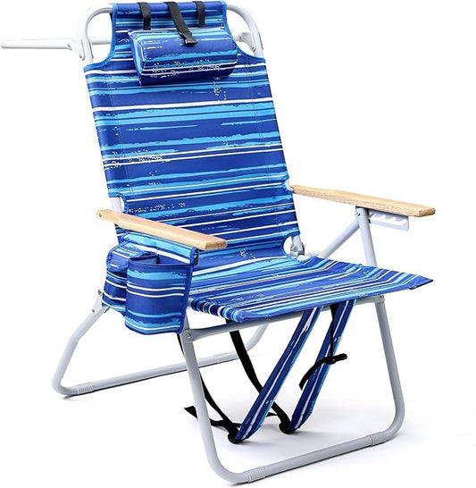 Tall Beach Chairs for Adults, 17" High Backpack Beach Chair with Wooden Armrests, 5 Positions Reclining Heavy Duty Chair w...