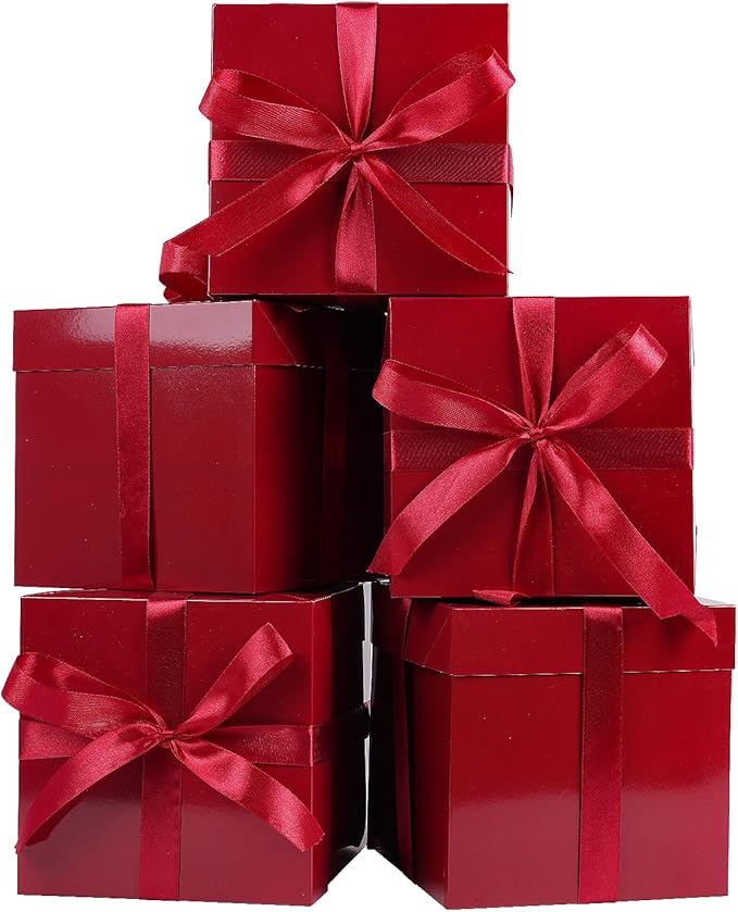Jaywayang 5 Pack Red Gift Boxes with Lids, Ribbons and Tissue Papers Square Gift Boxes - 7.1 Inch - Christmas Presents Wra...