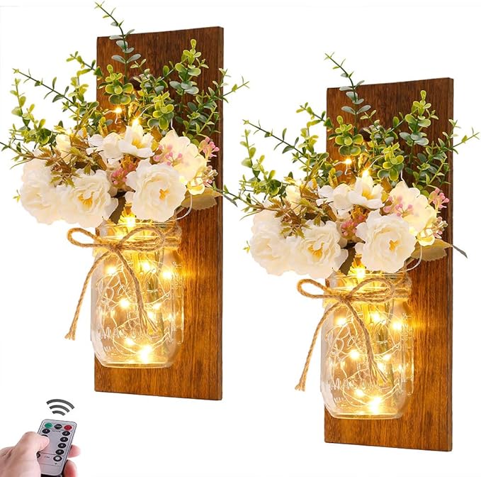 Rustic Wall Sconces Mason Jar Sconces Handmade Wall Art Hanging Design with Remote Control LED Fairy Lights and White Peon...