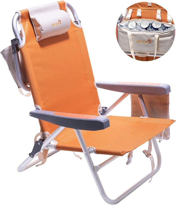 SUNNYFEEL Low Beach Chair, 5-Position Lay Flat Reclining, Backpack Portable Folding Chair with Cooler Bag & Cup Holder, He...