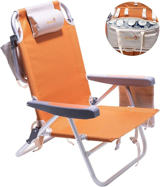 SUNNYFEEL Low Beach Chair, 5-Position Lay Flat Reclining, Backpack Portable Folding Chair with Cooler Bag & Cup Holder, He...