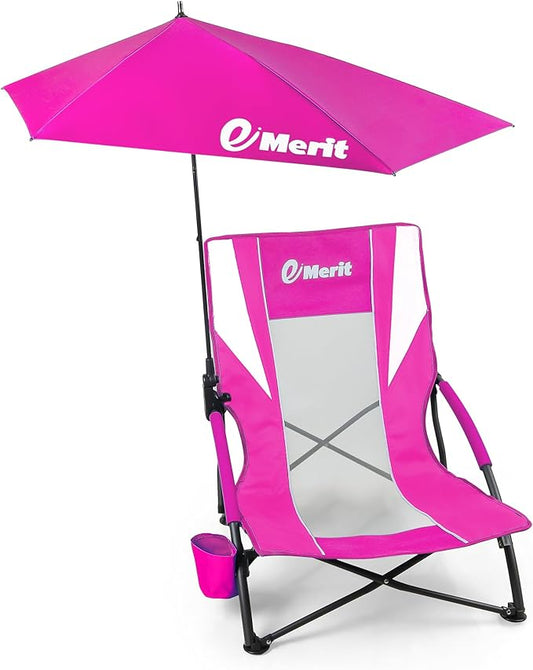 EMERIT Low Beach Chairs for Adults with Removable UPF 50+ Umbrella, Lightweight Folding Backpack Camping Chair with Cup Ho...
