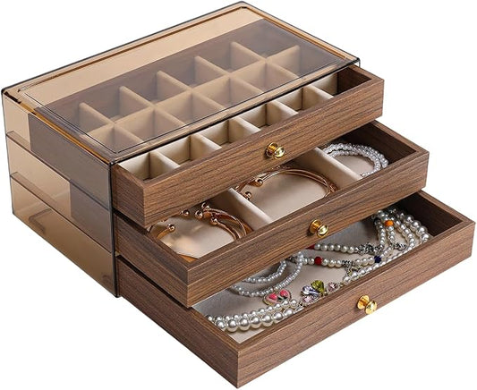 3 Layer Wooden Drawers Jewelry Box Vintage Style Jewelry Organizer with Acrylic Cover, Jewelry Storage Display Box for Rin...