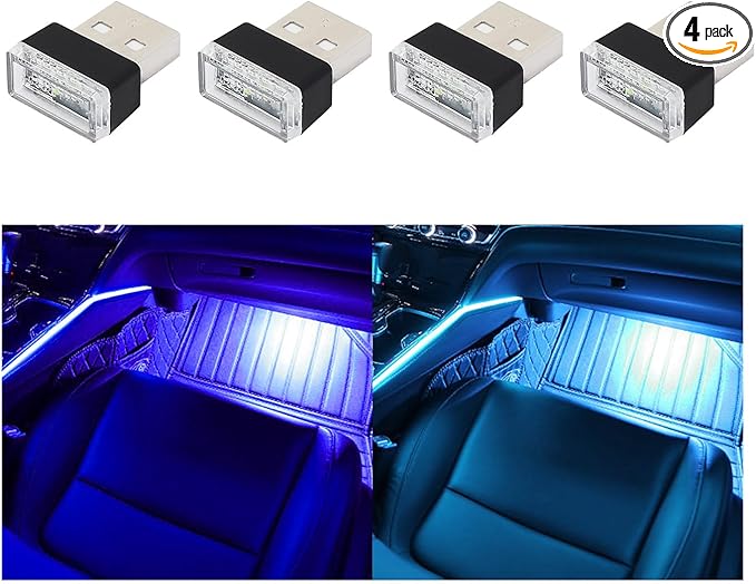 Augeny 4 PCS USB LED Car Interior Atmosphere Lamp, Plug-in USB Decor Night Light, Portable Auto Ambient Lighting Kit, Univ...