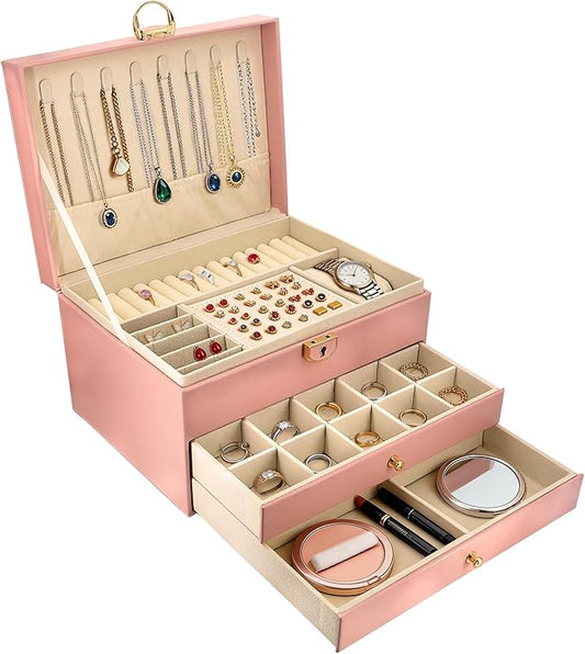 SRYTCYDA SRTCYDA Jewelry Box for Women, Large PU Leather jewelry organizers and storage, 3-Layer Jewelry Storage with 2 Dr...